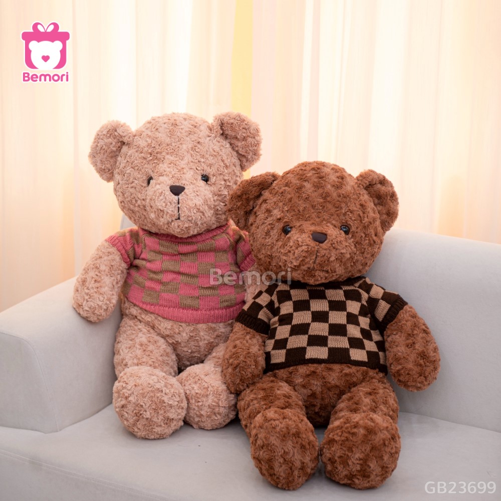 Gấu Bông Teddy Lông Xoắn Áo Len Caro