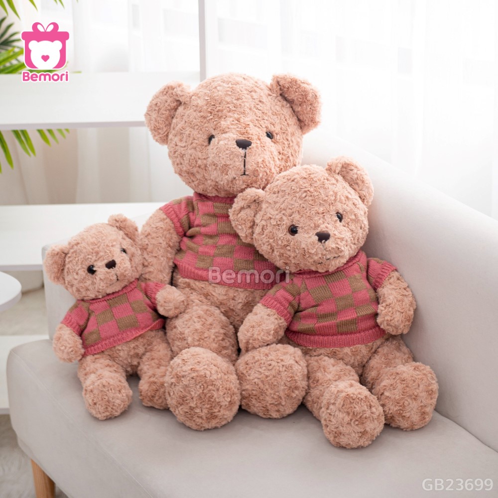 Gấu Bông Teddy Lông Xoắn Áo Len Caro