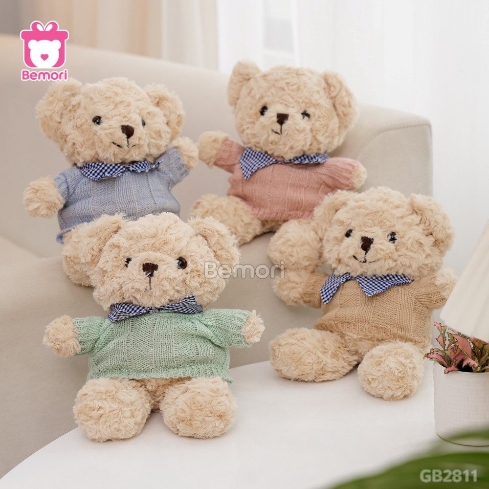 Gấu Bông Teddy Head Lông Xoắn Áo Len Cổ Kẻ