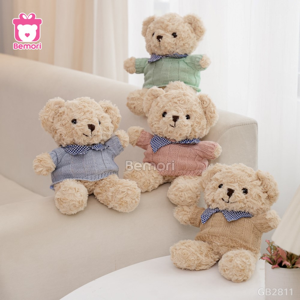 Gấu Bông Teddy Head Lông Xoắn Áo Len Cổ Kẻ