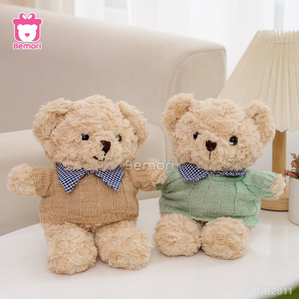 Gấu Bông Teddy Head Lông Xoắn Áo Len Cổ Kẻ