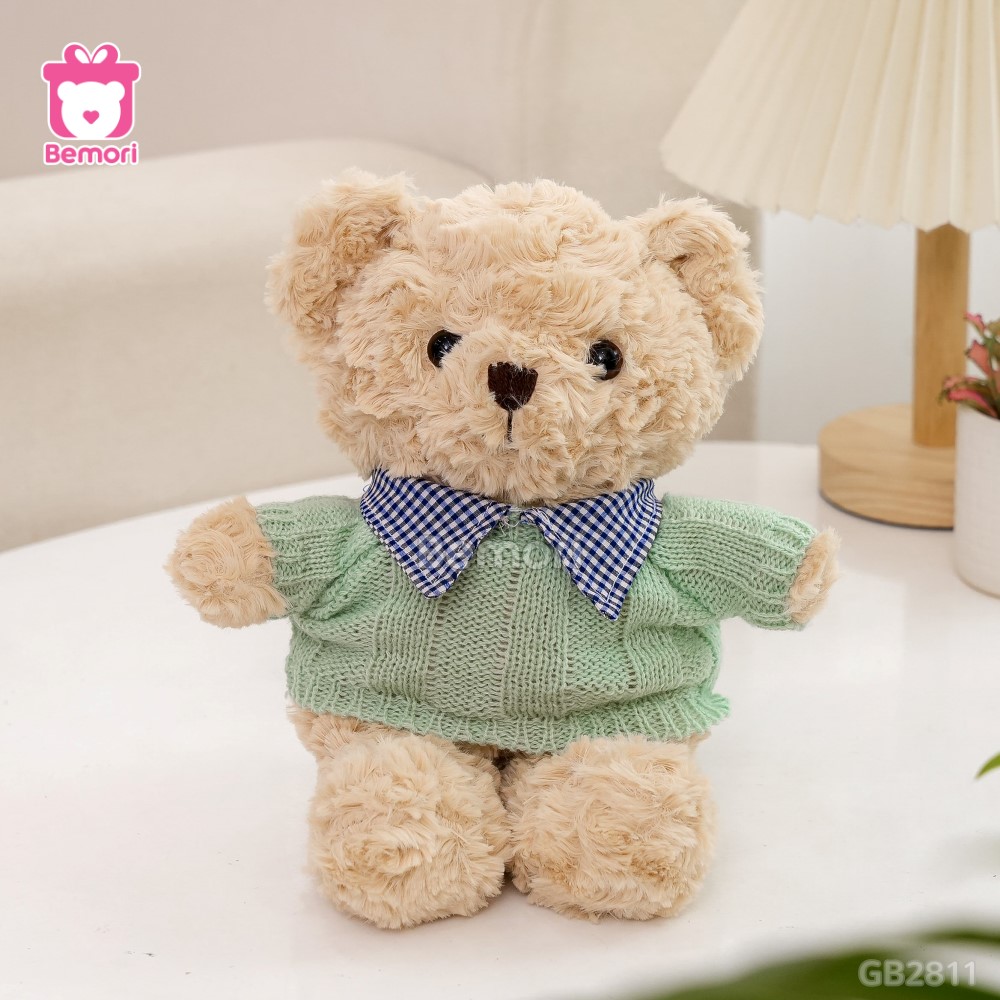 Gấu Bông Teddy Head Lông Xoắn Áo Len Cổ Kẻ