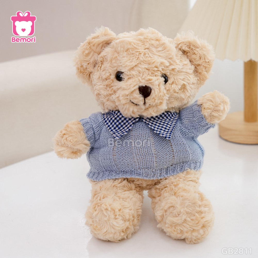 Gấu Bông Teddy Head Lông Xoắn Áo Len Cổ Kẻ