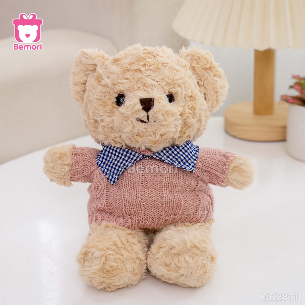 Gấu Bông Teddy Head Lông Xoắn Áo Len Cổ Kẻ