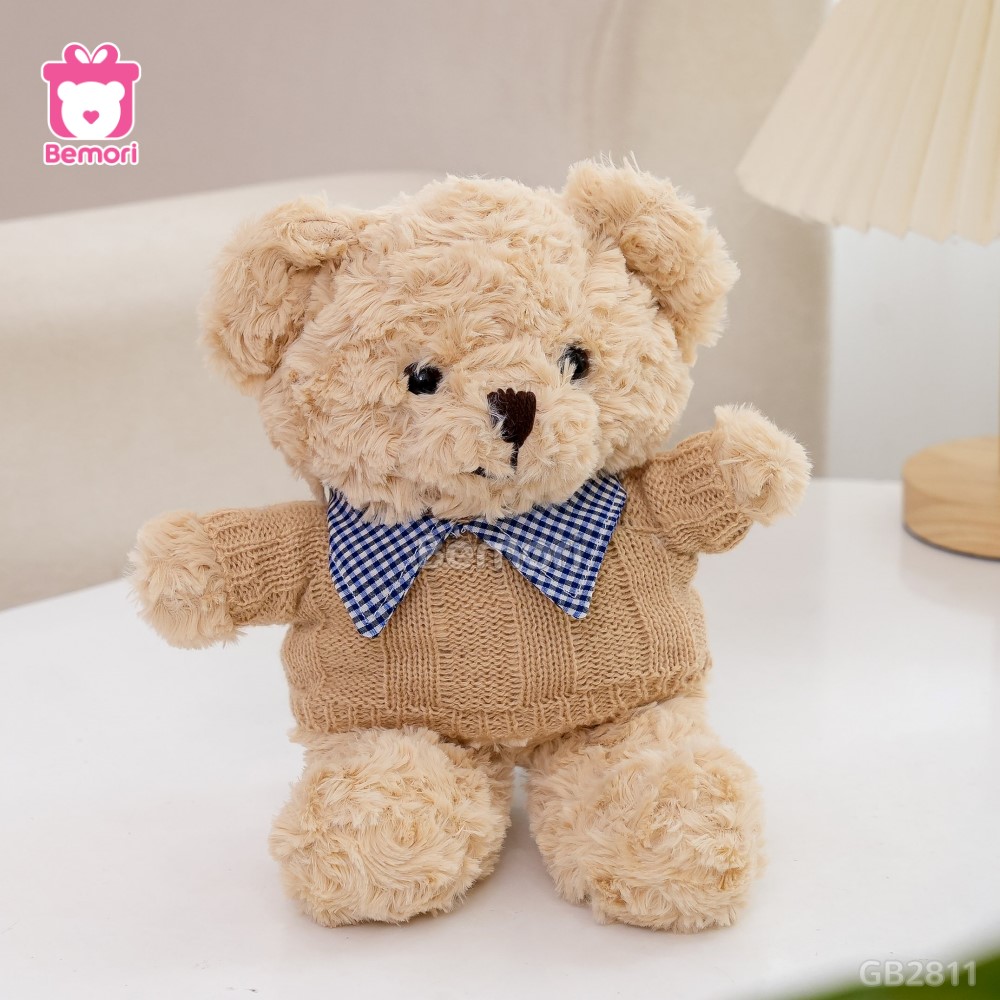 Gấu Bông Teddy Head Lông Xoắn Áo Len Cổ Kẻ