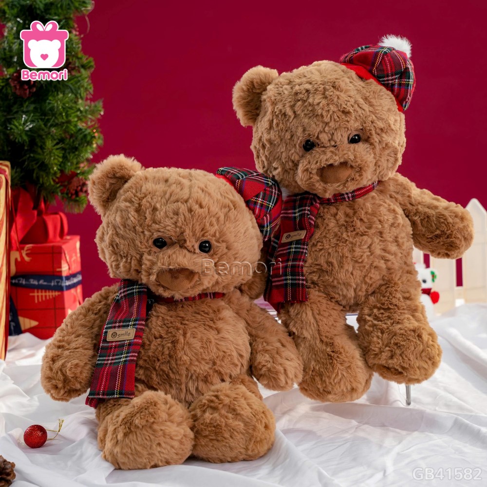 Gấu Bông Lông Xoắn Đội Mũ Quàng Khăn Kẻ