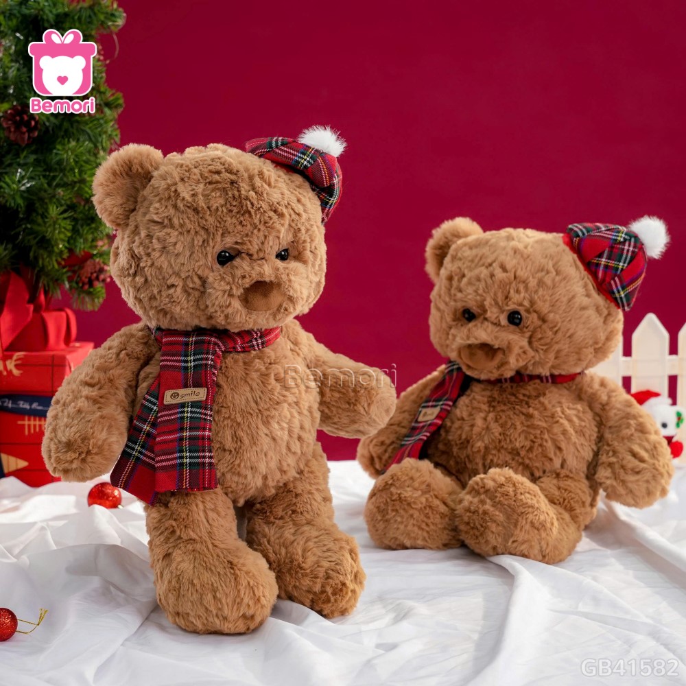 Gấu Bông Lông Xoắn Đội Mũ Quàng Khăn Kẻ