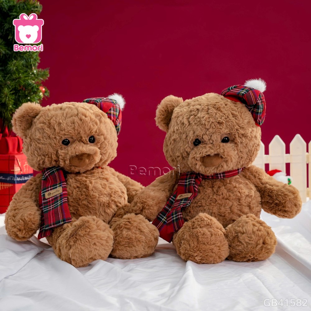 Gấu Bông Lông Xoắn Đội Mũ Quàng Khăn Kẻ