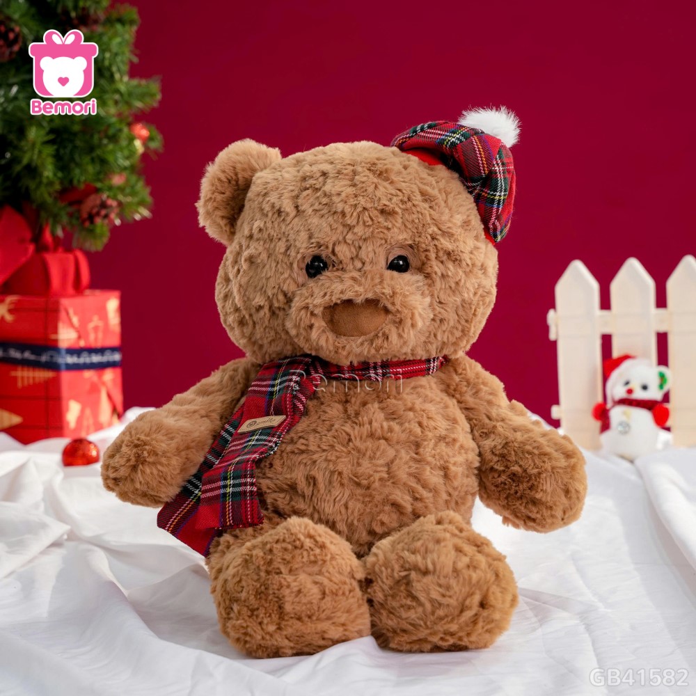 Gấu Bông Lông Xoắn Đội Mũ Quàng Khăn Kẻ