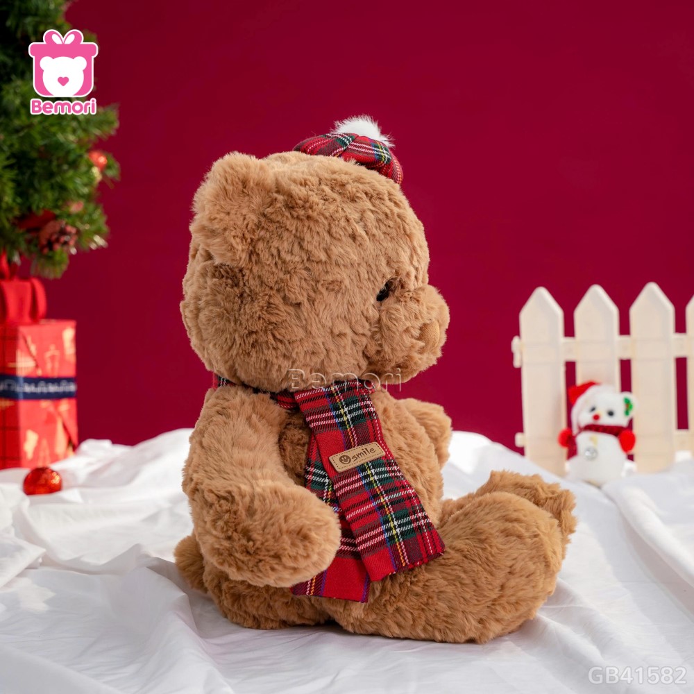 Gấu Bông Lông Xoắn Đội Mũ Quàng Khăn Kẻ