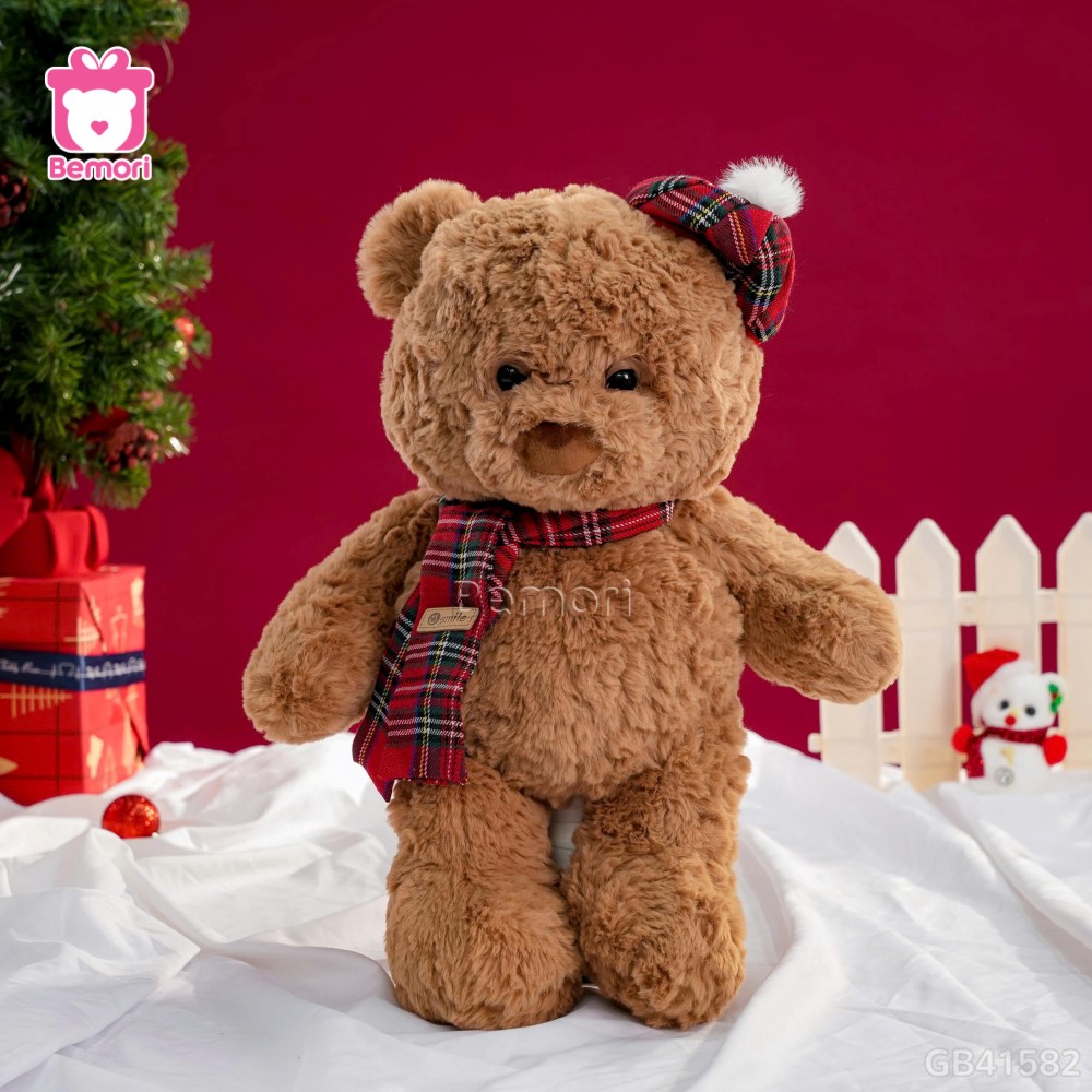 Gấu Bông Lông Xoắn Đội Mũ Quàng Khăn Kẻ