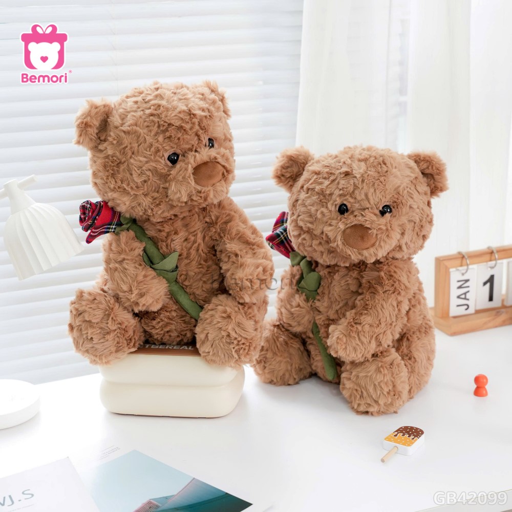 Gấu Bông Ôm Cành Hoa Hồng Kẻ Đỏ