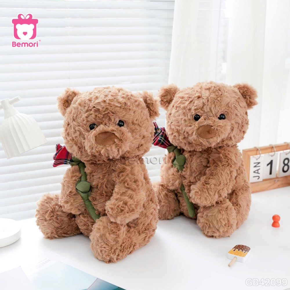 Gấu Bông Ôm Cành Hoa Hồng Kẻ Đỏ