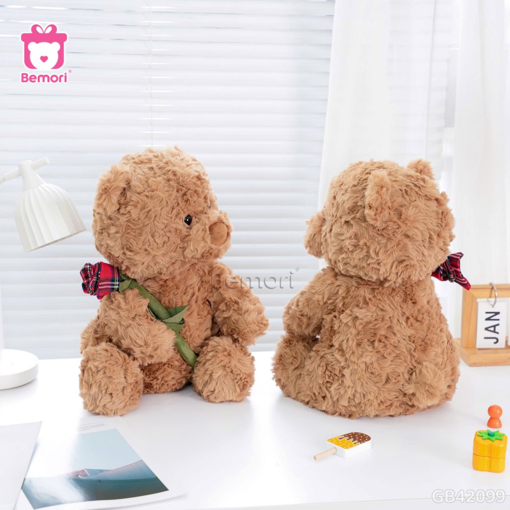 Gấu Bông Ôm Cành Hoa Hồng Kẻ Đỏ