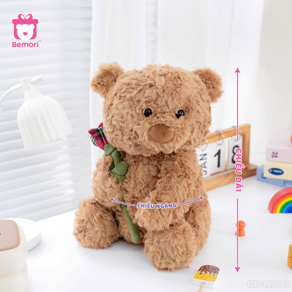 Cách đo kích thước của Gấu Bông Ôm Cành Hoa Hồng Kẻ Đỏ