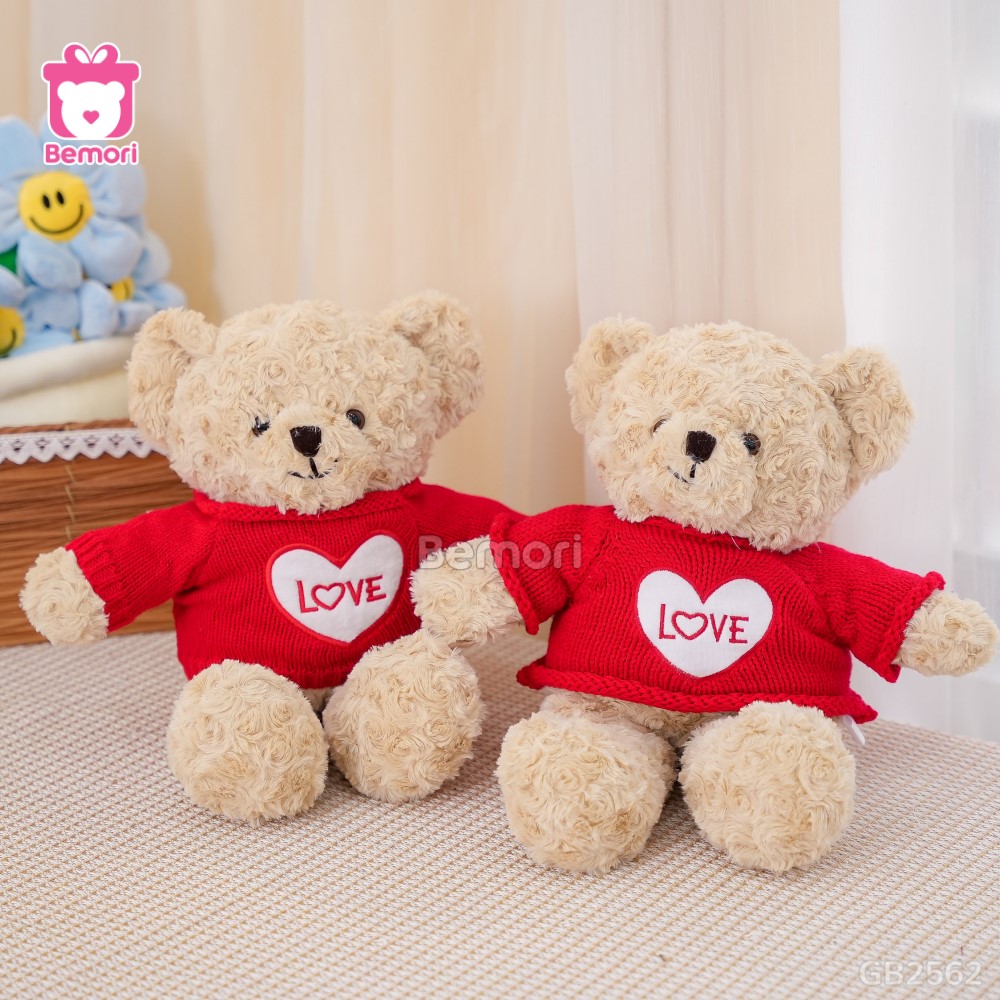 Gấu Bông Teddy Lông Xoắn Áo Len Love màu sắc dịu nhẹ