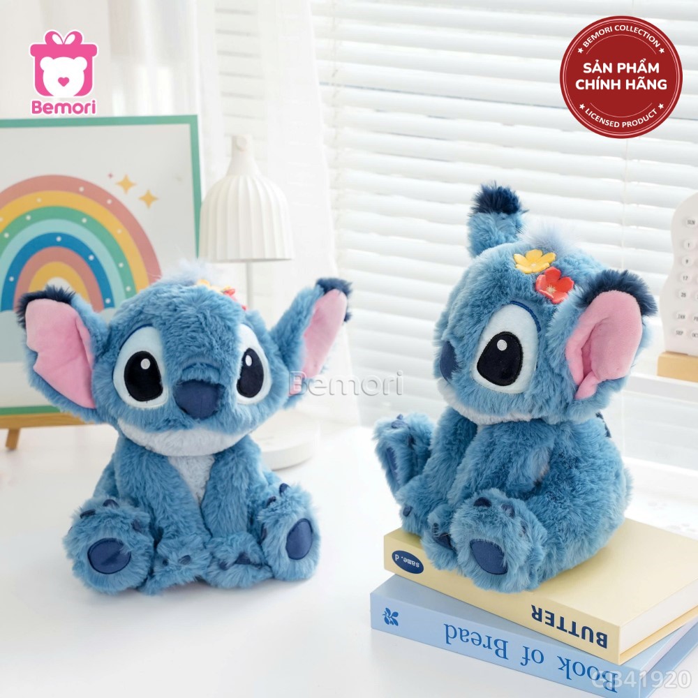 Gấu Bông Stitch Ngồi Đội Hoa Lông Xù Chính Hãng