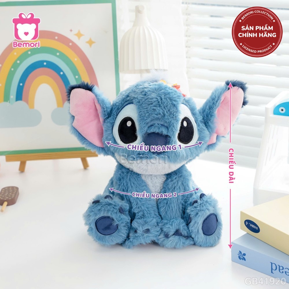 Cách đo kích thước của Gấu Bông Stitch Ngồi Đội Hoa Lông Xù