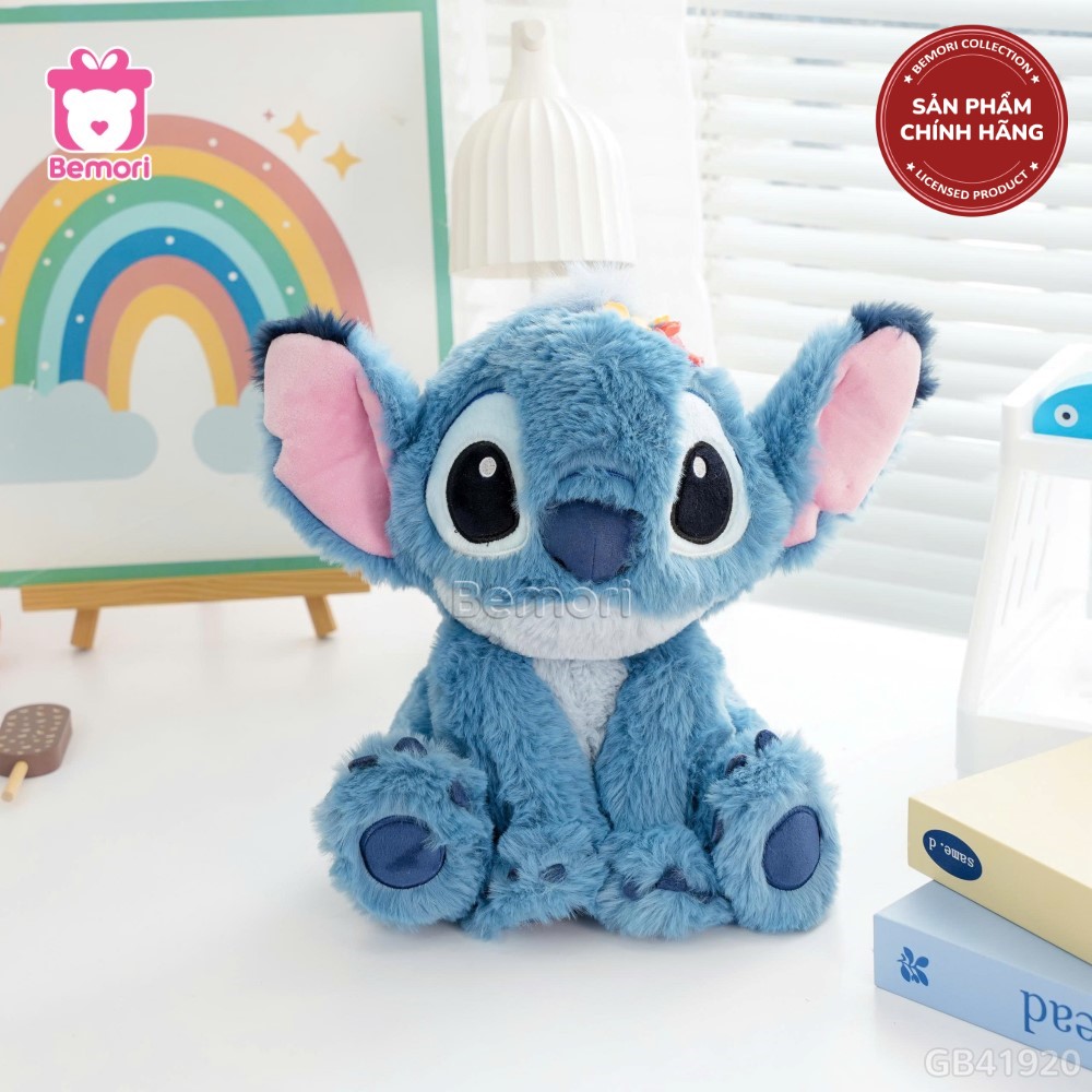 Gấu Bông Stitch Ngồi Đội Hoa Lông Xù Chính Hãng