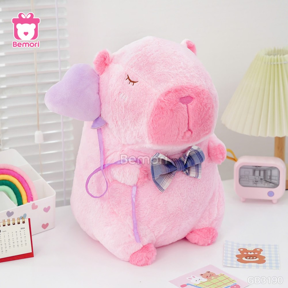 ĐG 40cm Gấu Bông Capybara Hồng Cầm Bóng Tim được nhồi bông căng phồng, bên ngoài mềm mại