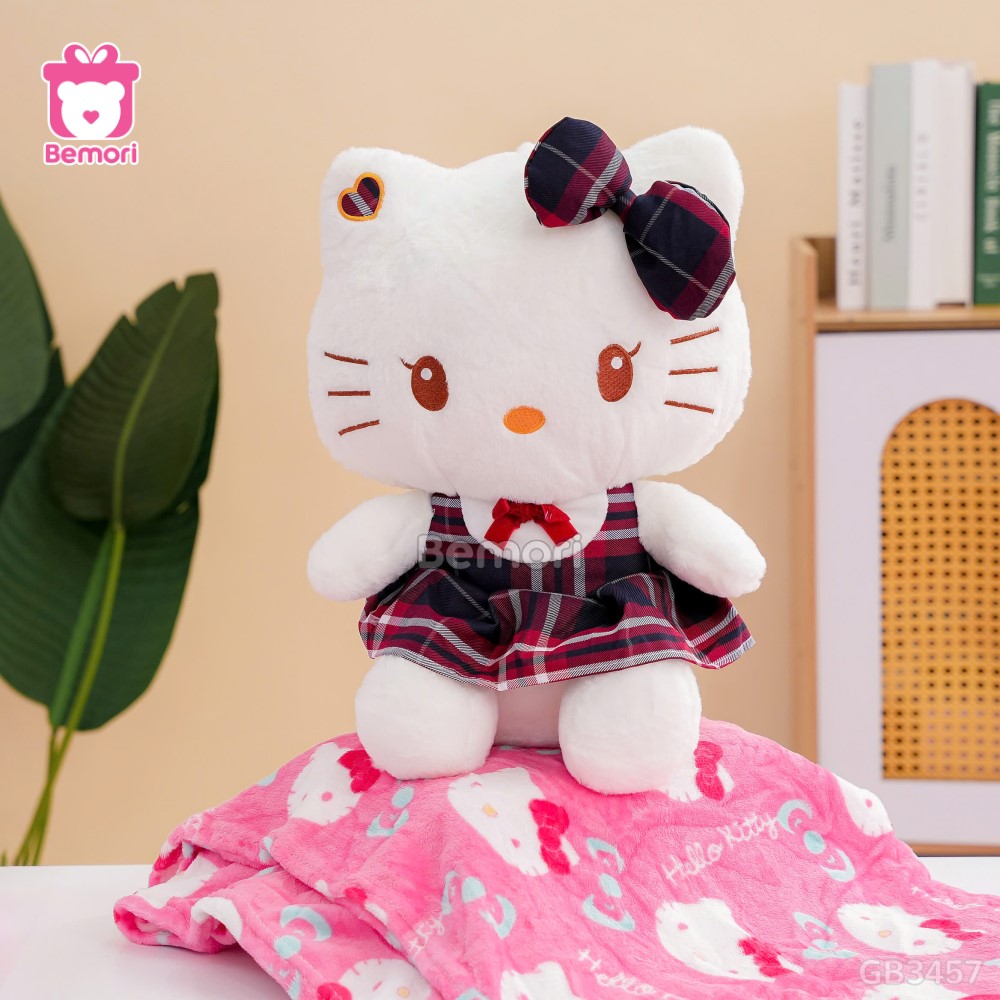 Gối Chăn Mền Bộ 3 Gấu Bông Váy Kẻ - Hello Kitty