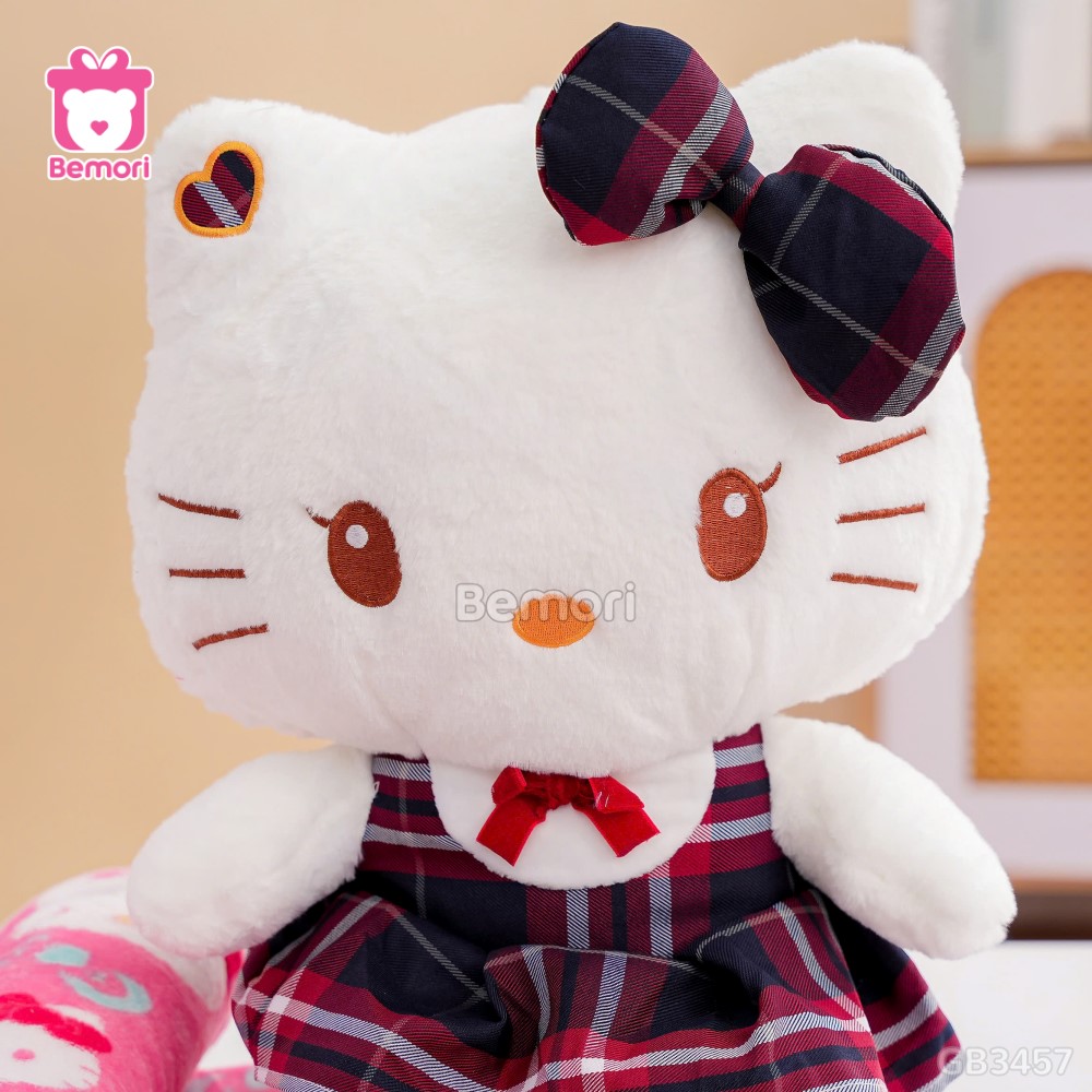 Gối Chăn Mền Bộ 3 Gấu Bông Váy Kẻ - Hello Kitty