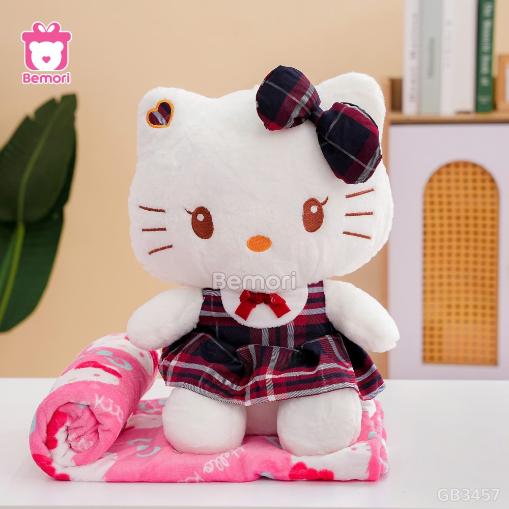 Gối Chăn Mền Bộ 3 Gấu Bông Váy Kẻ - Hello Kitty