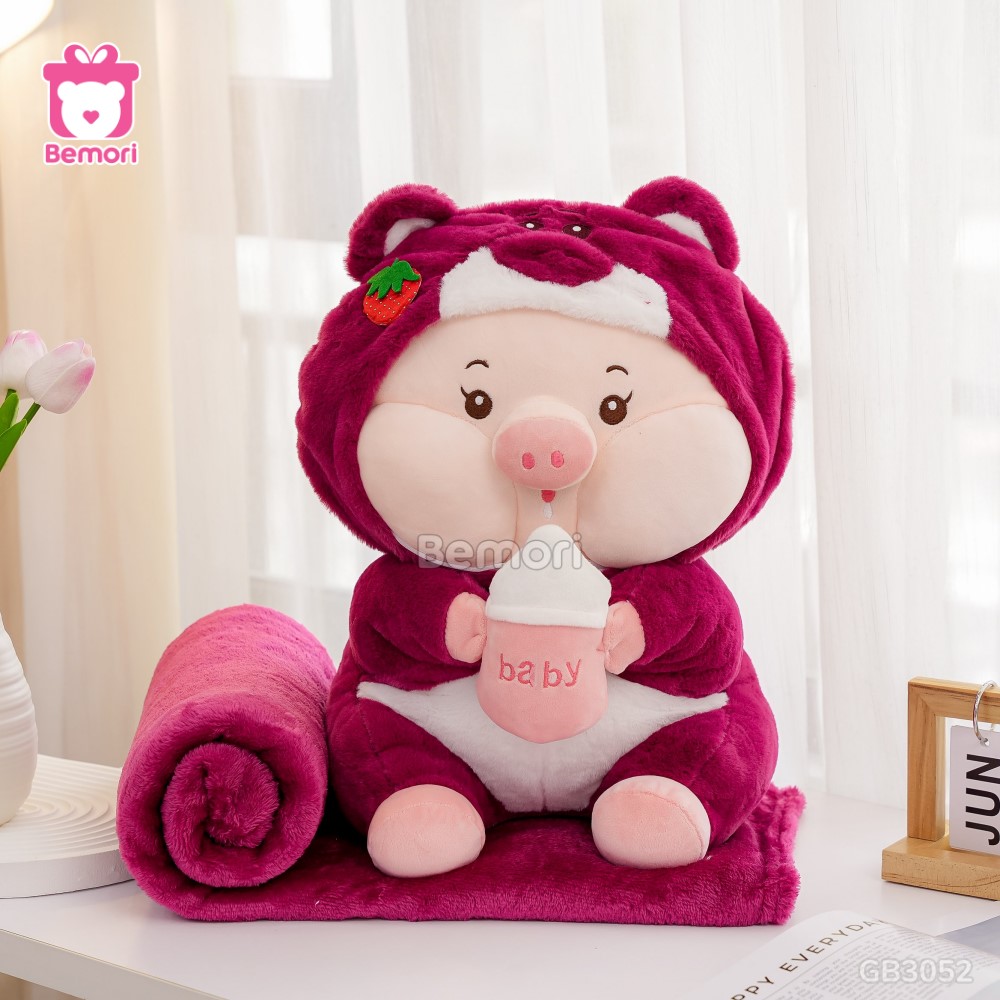 Gối Chăn Mền Heo Lotso Ôm Bình Sữa – Hồng Đậm