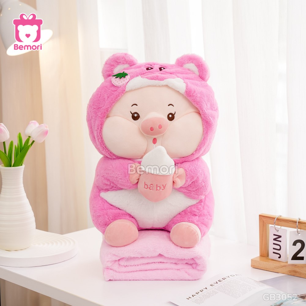 Gối Chăn Mền Heo Lotso Ôm Bình Sữa – Hồng Nhạt