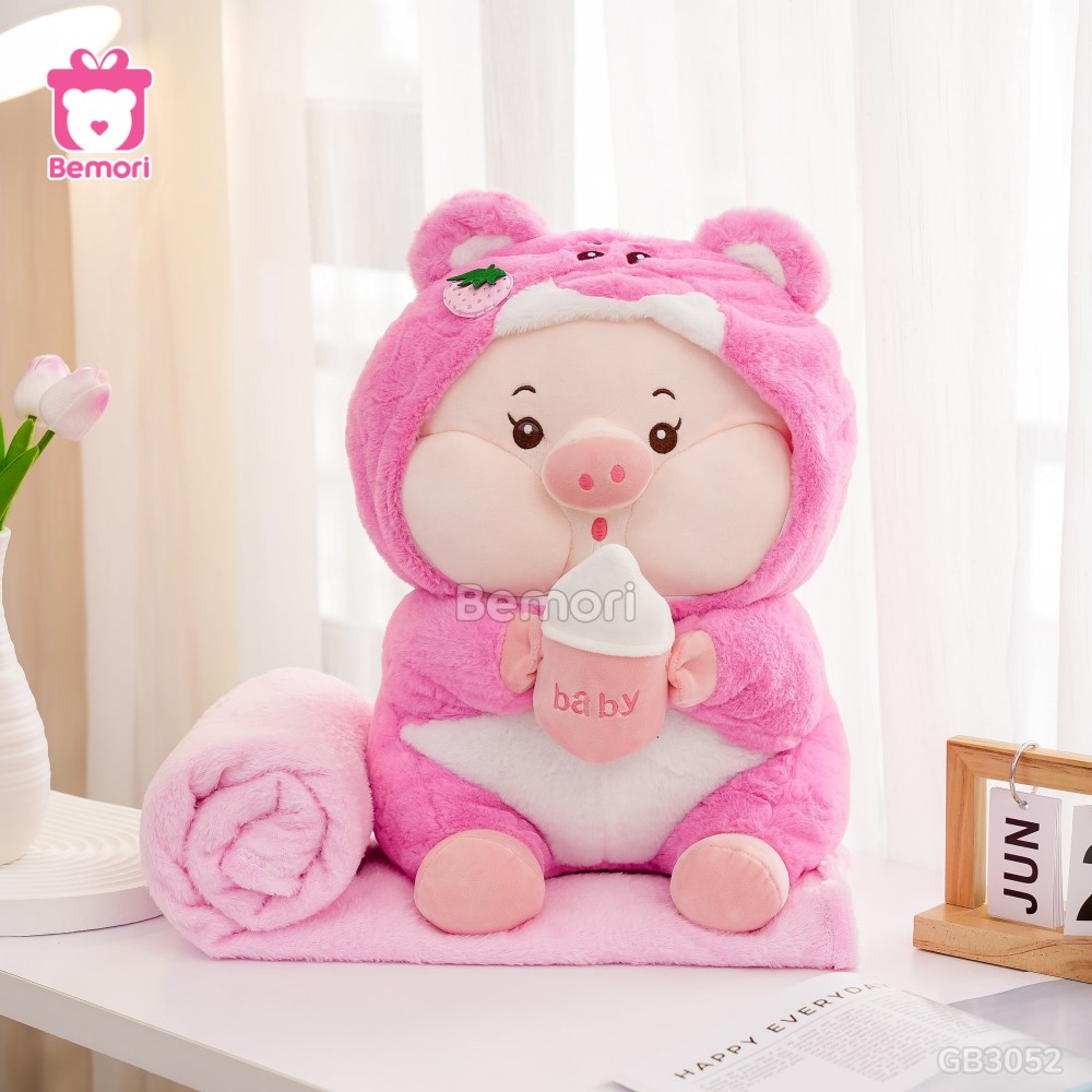 Gối Chăn Mền Heo Lotso Ôm Bình Sữa – Hồng Nhạt