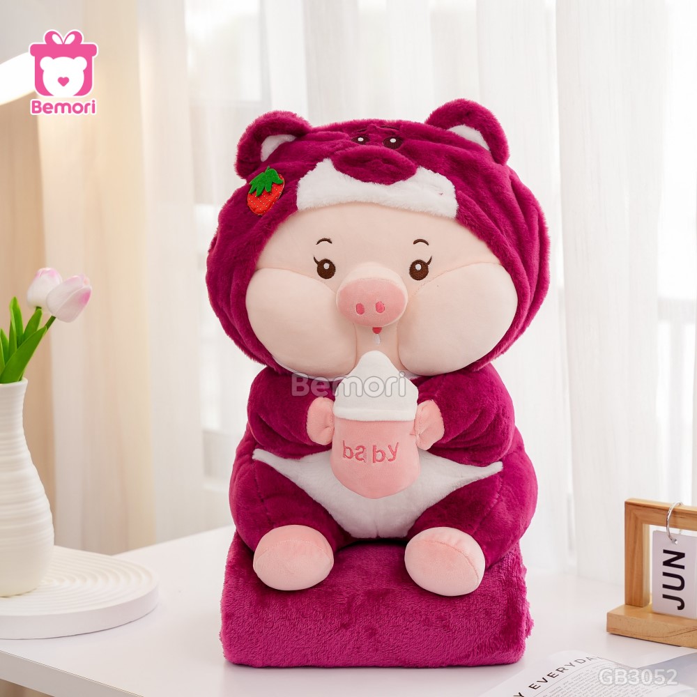 Gối Chăn Mền Heo Lotso Ôm Bình Sữa – Hồng Đậm