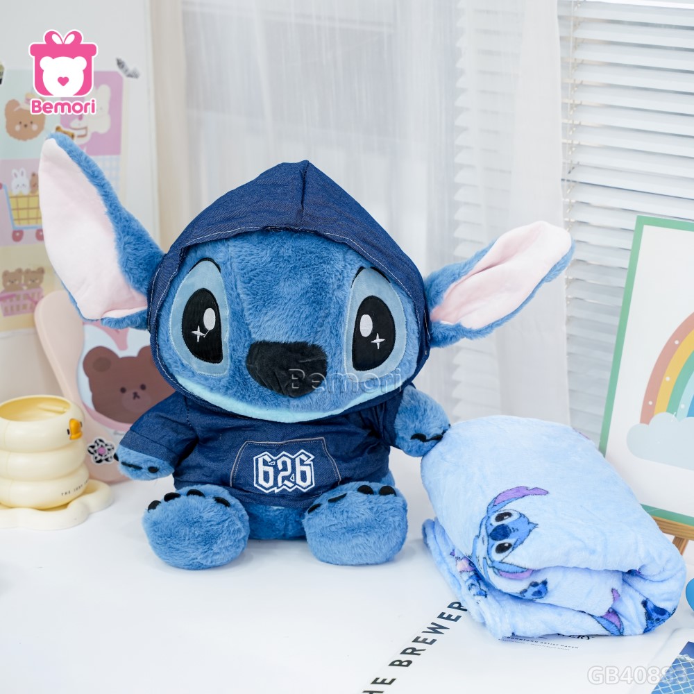 Gối Chăn Mền Stitch Xanh Đậm Áo Nỉ