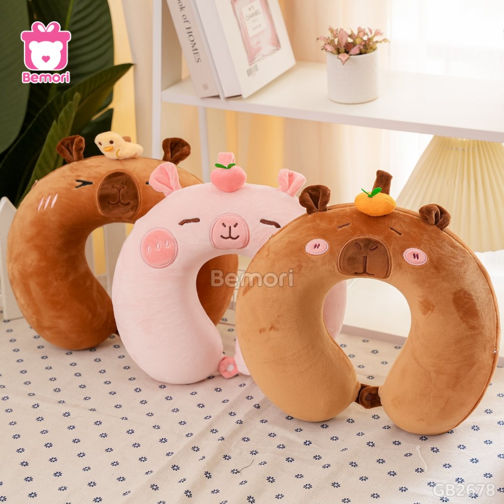 Gối Cổ Capybara Đội Cam - Nâu