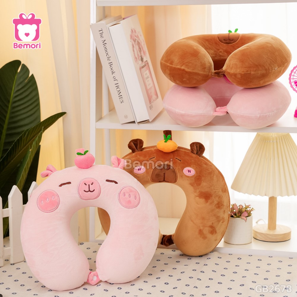 Gối Cổ Capybara Đội Cam - Nâu