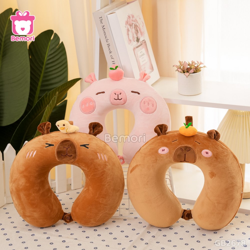 Gối Cổ Capybara Đội Cam - Nâu