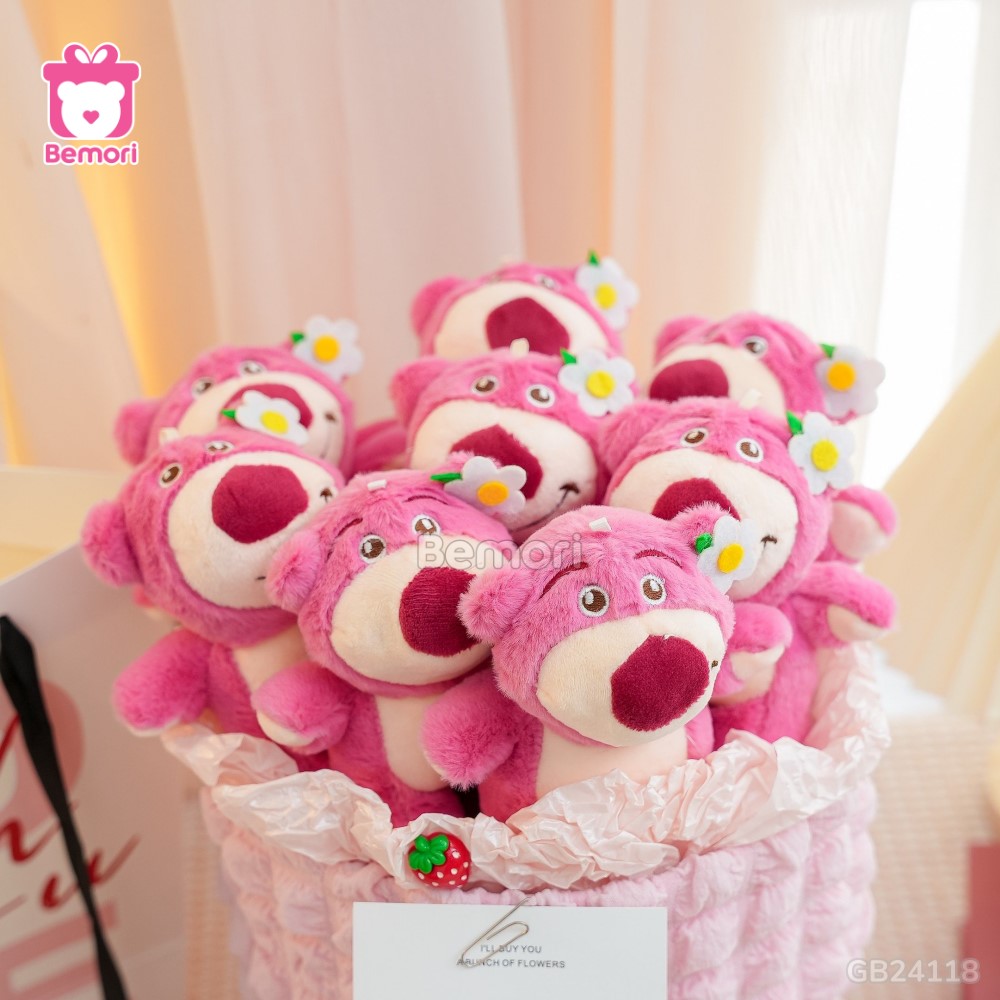 Set Bó Hoa Vải Bèo – Lotso Tai Hoa Hồng với điểm nhấn là những bạn Lotso hồng đáng yêu