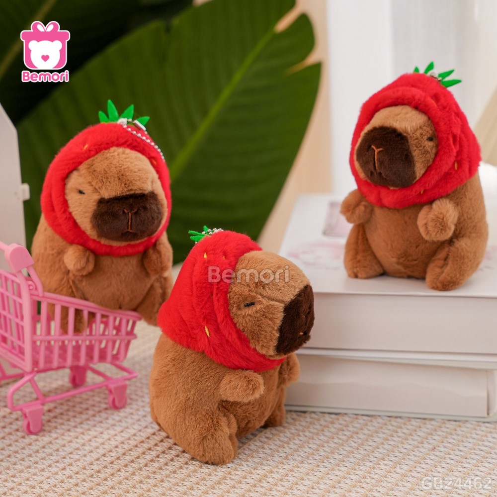 Móc Khóa Gấu Bông Capybara 12cm Đội Quả Dâu