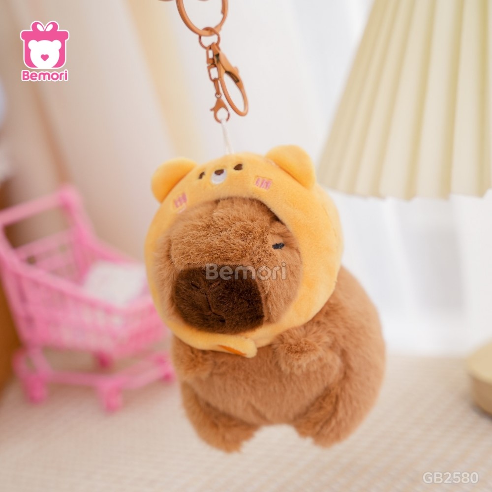 Móc Khóa Gấu Bông Capybara 15cm đội mũ gấu đáng yêu
