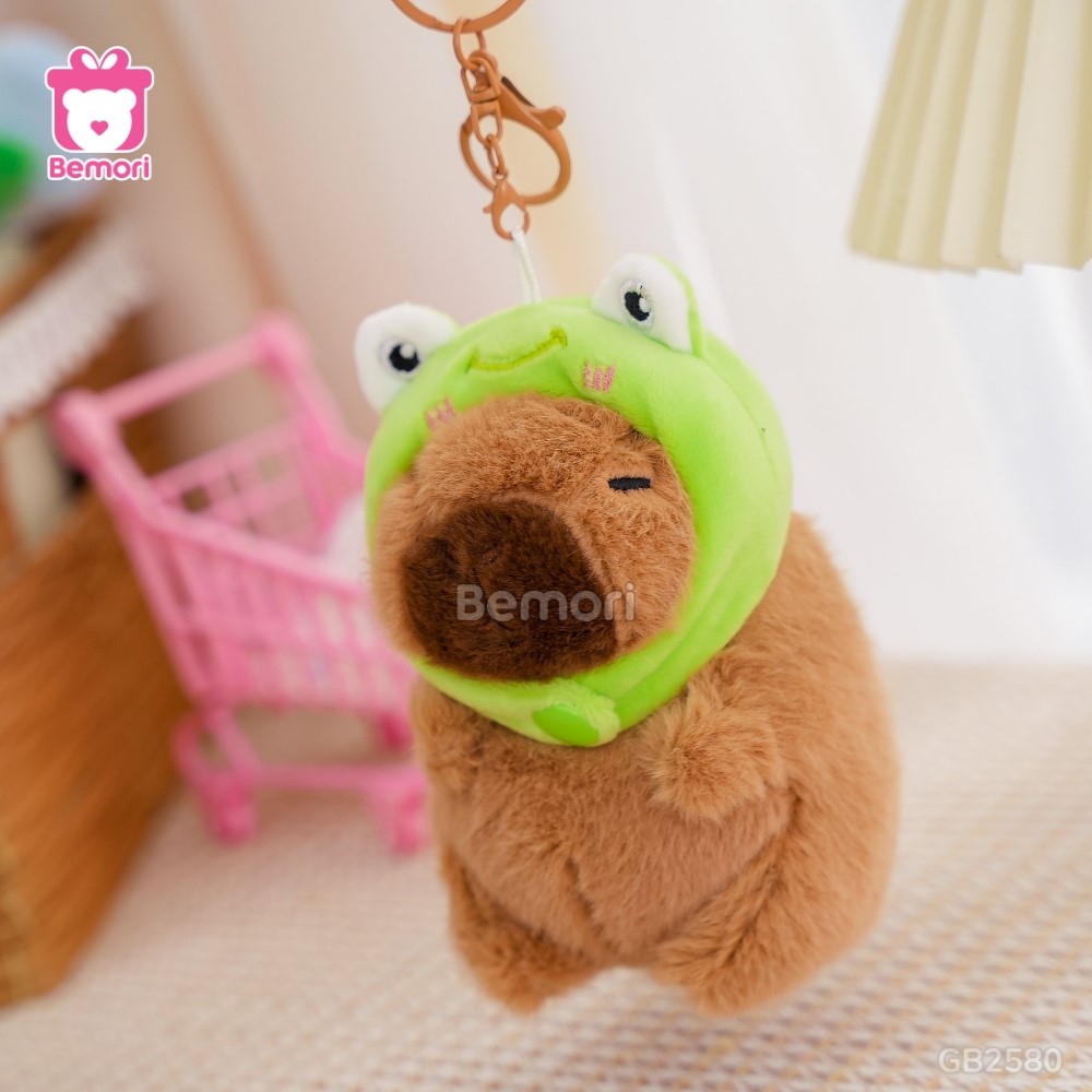 Móc Khóa Gấu Bông Capybara 15cm đội mũ ếch ngộ nghĩnh