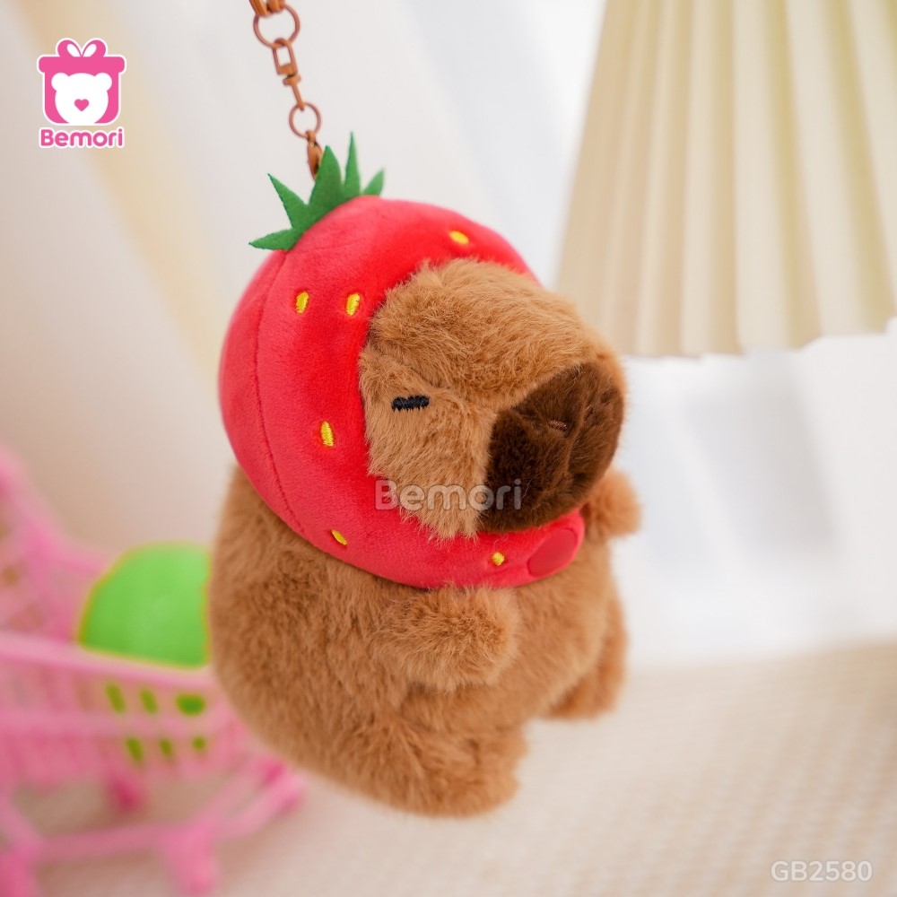 Móc Khóa Gấu Bông Capybara 15cm đội mũ dâu tây dễ thương