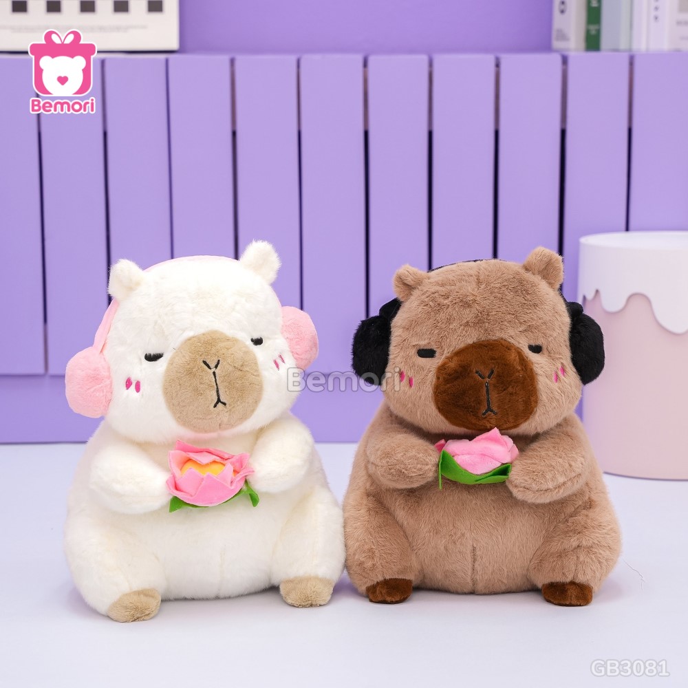 Gấu Bông Capybara Cầm Hoa Sen Đeo Tai Nghe