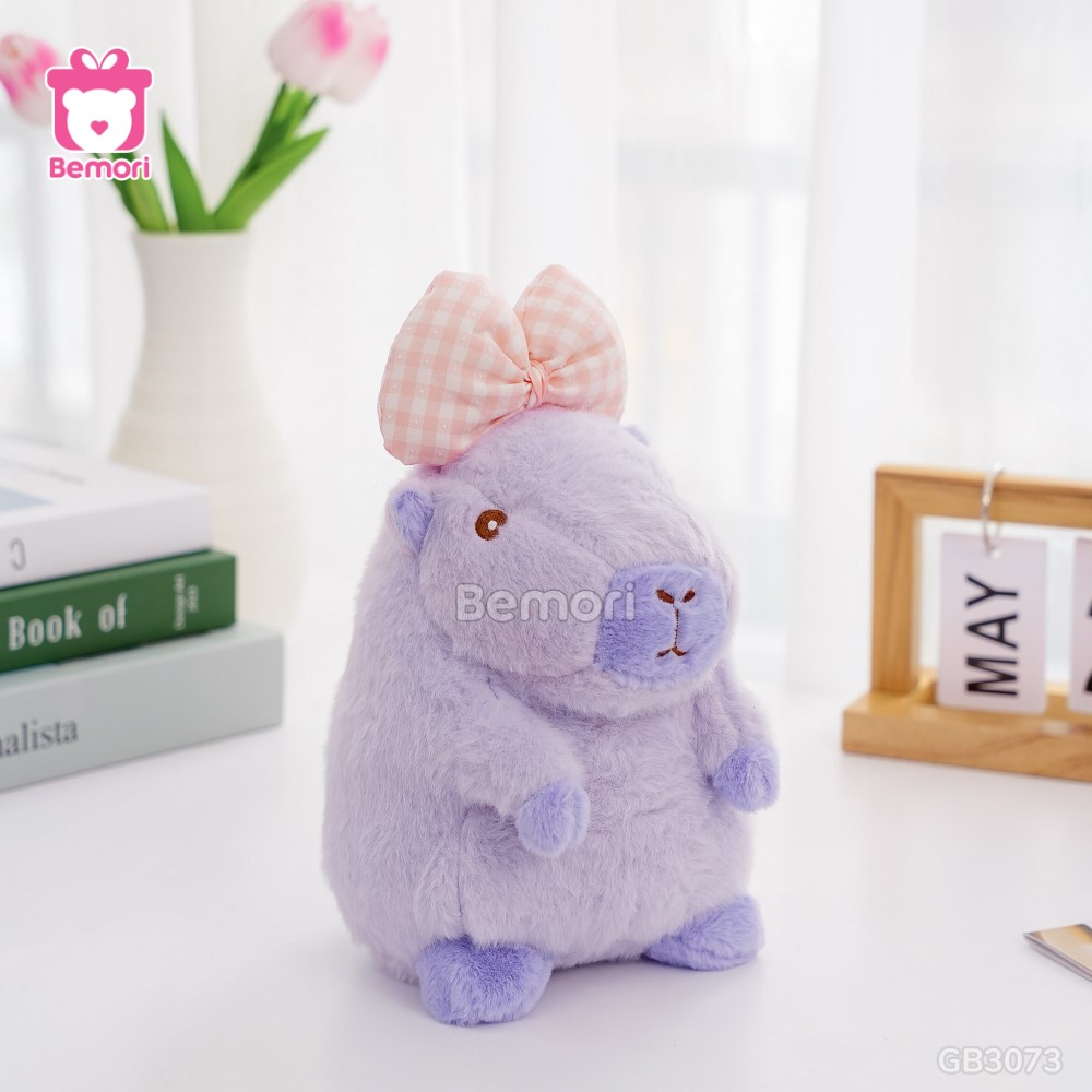 Gấu Bông Capybara Đeo Nơ Kẻ – Tím