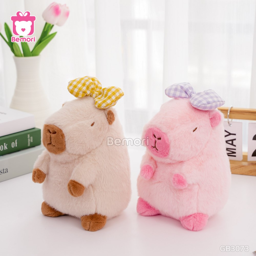 Bộ đôi Gấu Bông Capybara Đeo Nơ Kẻ mềm mại, nhỏ xinh
