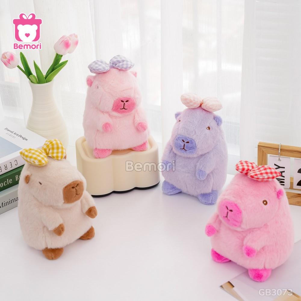 Gấu Bông Capybara Đeo Nơ Kẻ làm đồ trang trí xinh xắn