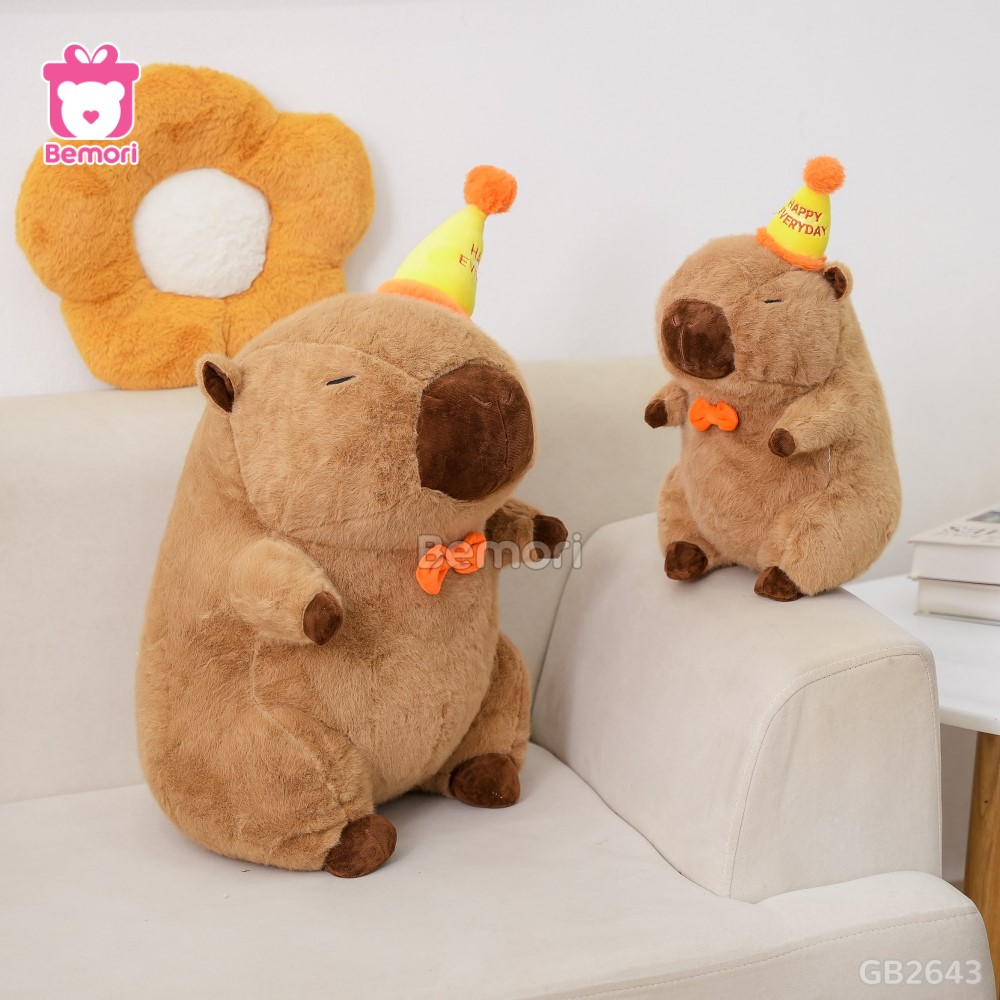 Gấu Bông Capybara Đội Mũ Happy nhồi bông căng phồng, mềm mại