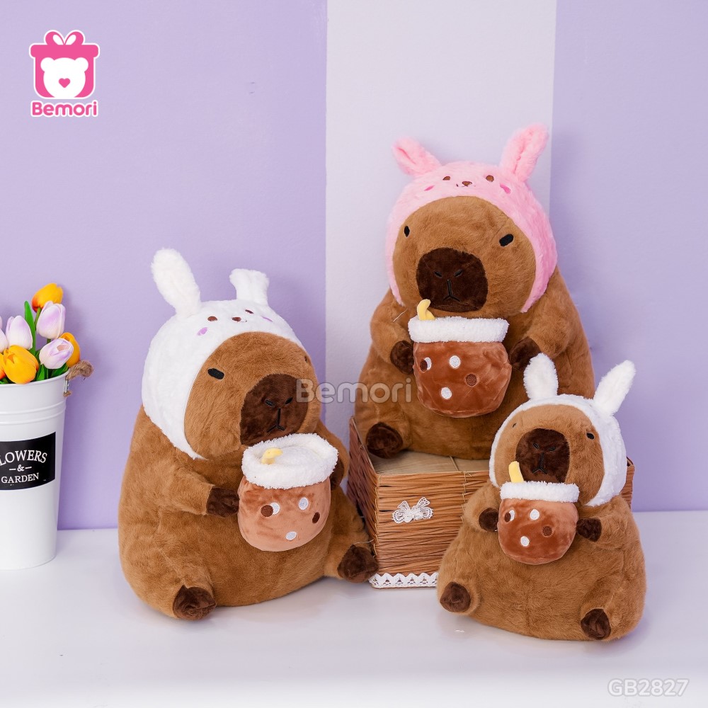 Gấu Bông Capybara Ôm Trà Sữa Cosplay Thỏ