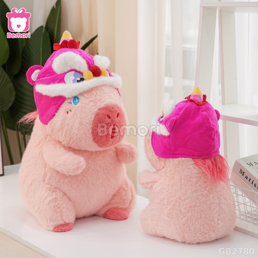 Gấu Bông Capybara Tóc Hồng Mũ Lân nhồi bông êm ái, đàn hồi tốt