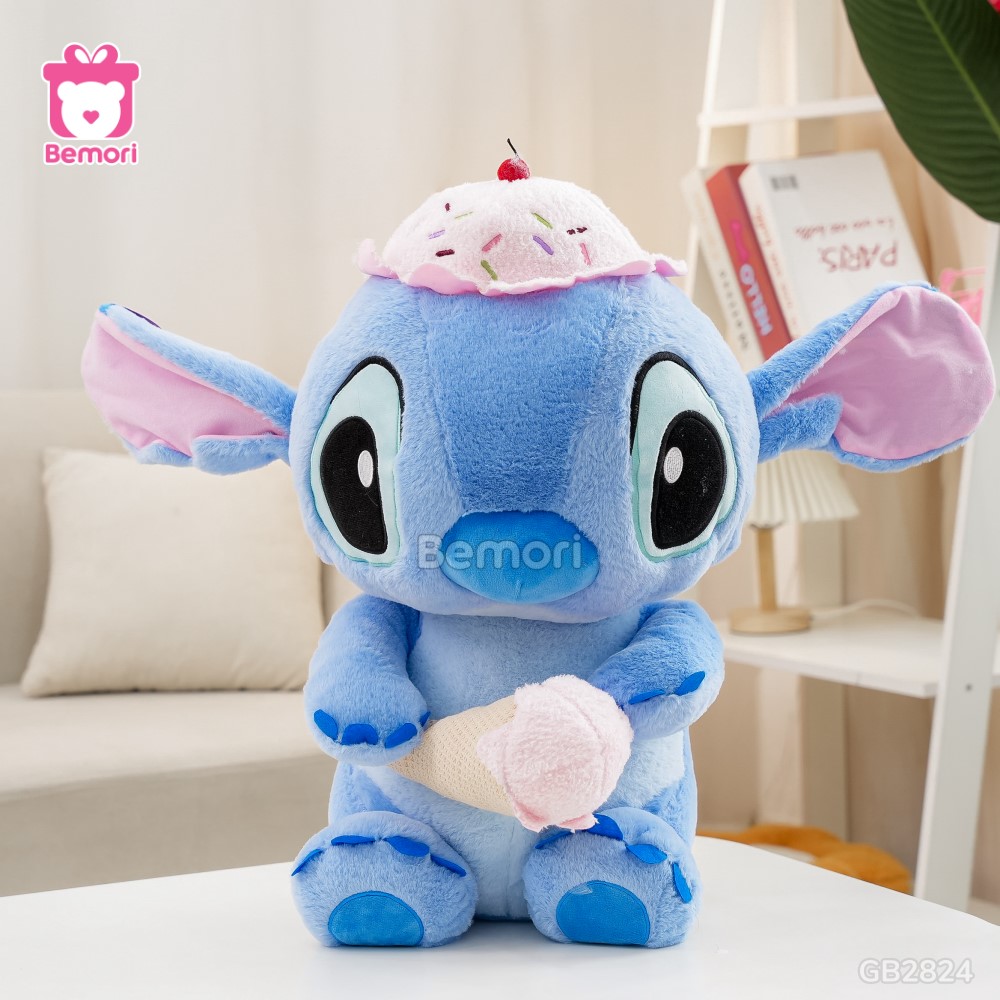 Gấu Bông Stitch Ngồi Đội Mũ Ôm Kem màu sắc đáng yêu