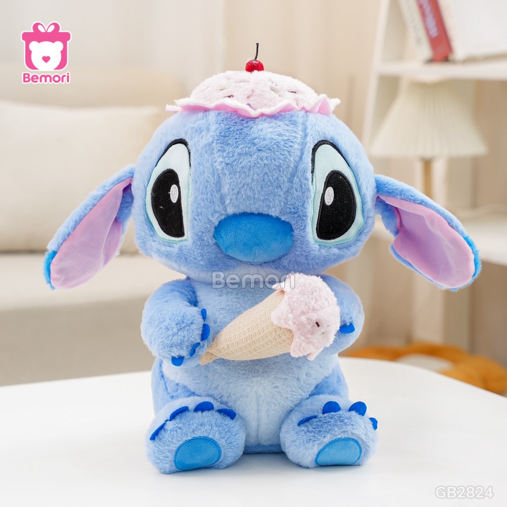 Gấu Bông Stitch Ngồi Đội Mũ Ôm Kem nhồi bông căng phồng, êm ái