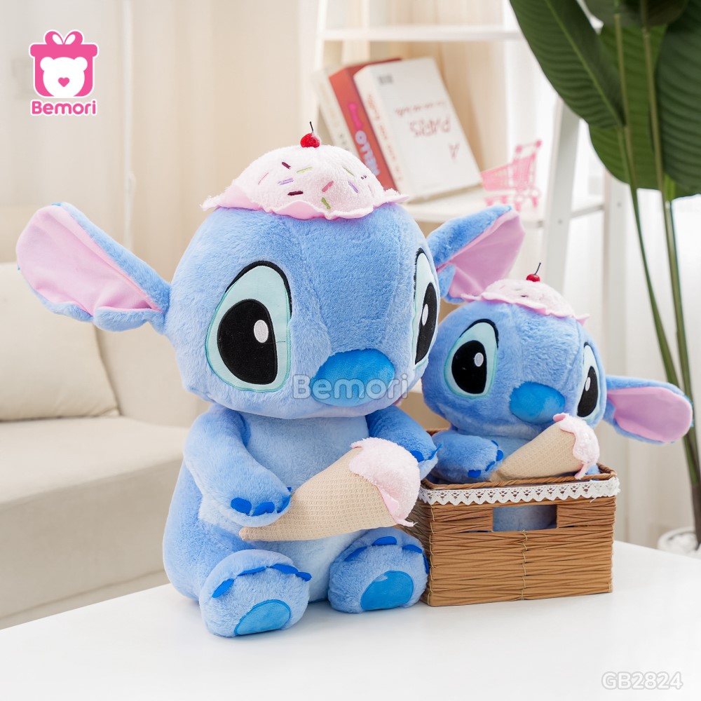 Gấu Bông Stitch Ngồi Đội Mũ Ôm Kem mềm mại, dễ thương